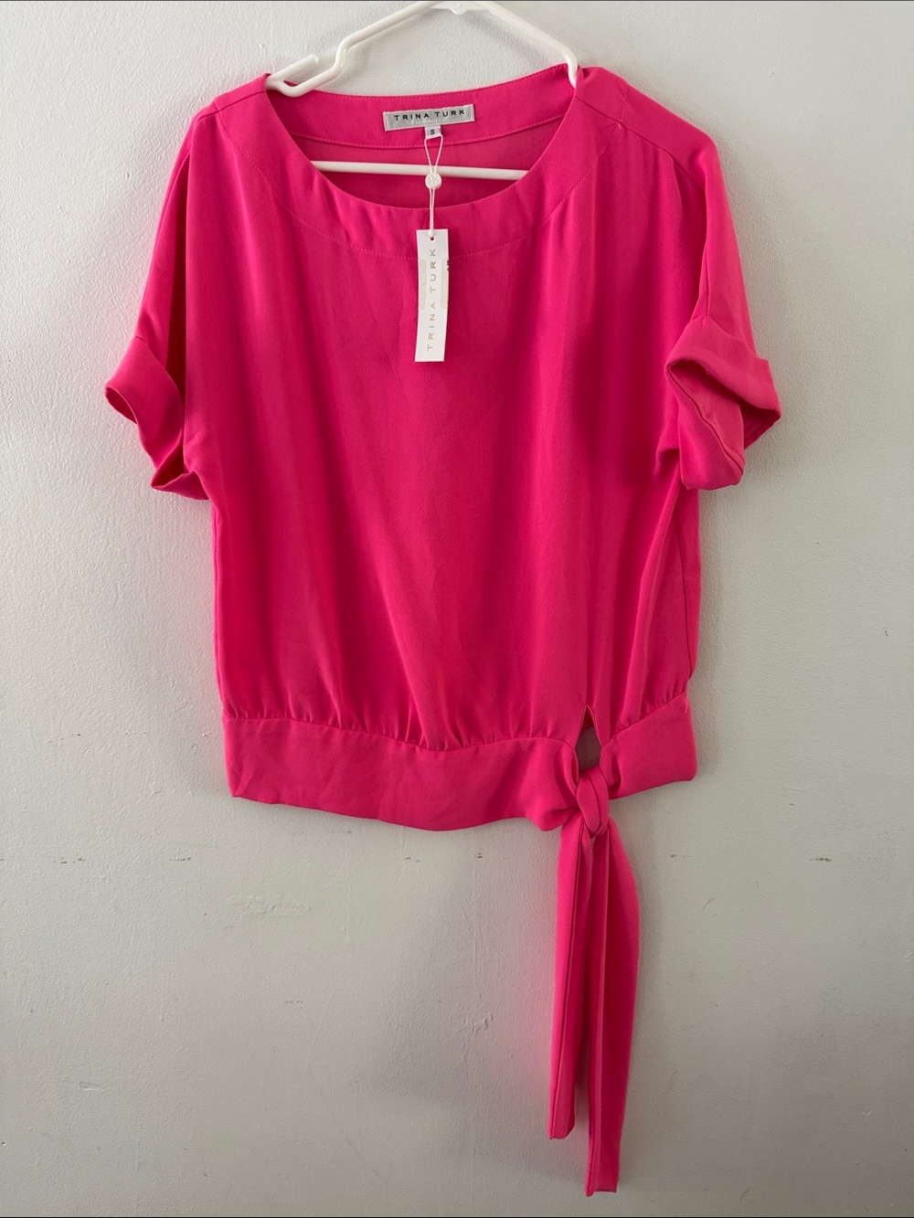 Trina Turk Hot Pink Tie-Hem Short Sleeve Blouse Sz s